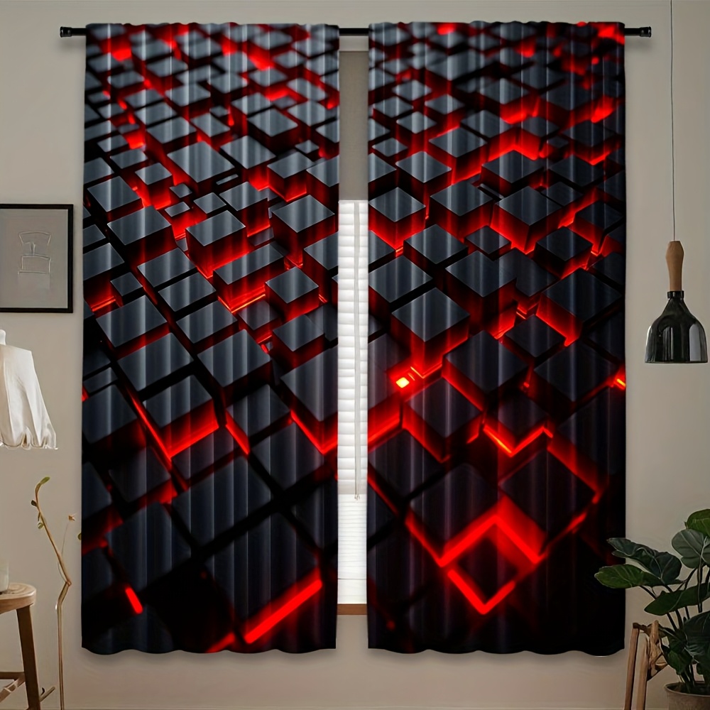 2pcs Geometric Curtains Red Bl - Tech Office Youtube 리뷰 및 가격