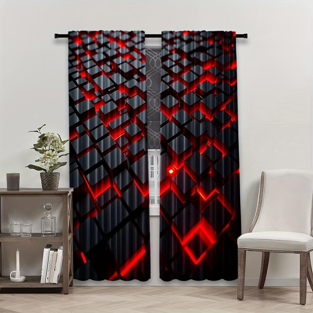 2pcs Geometric Curtains Red Bl - Tech Office Youtube 리뷰 및 가격